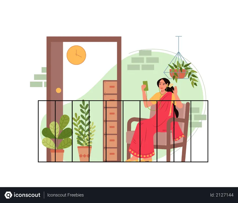 Free Lady doing video call to her friend in balcony  Illustration