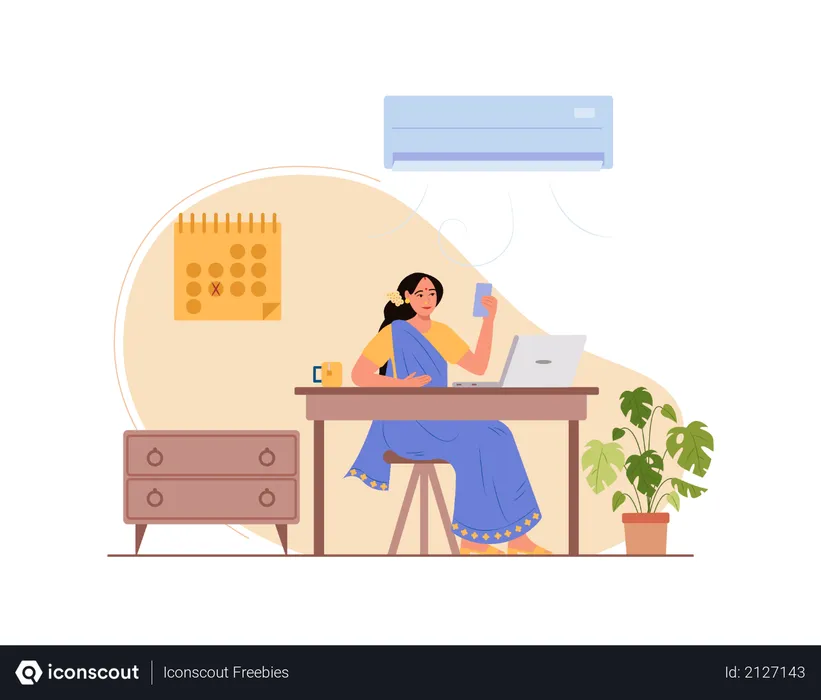 Free Lady holding mobile and attending video meeting while working on laptop  Illustration