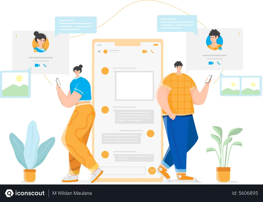 Free Male and female employee chatting on phone  Illustration
