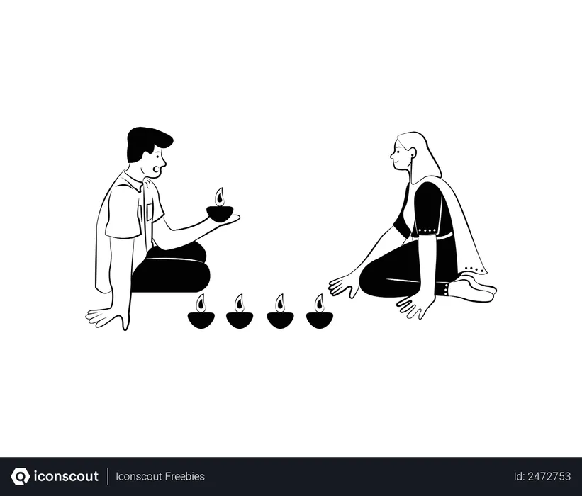 Free Man and woman arranging diyas  Illustration