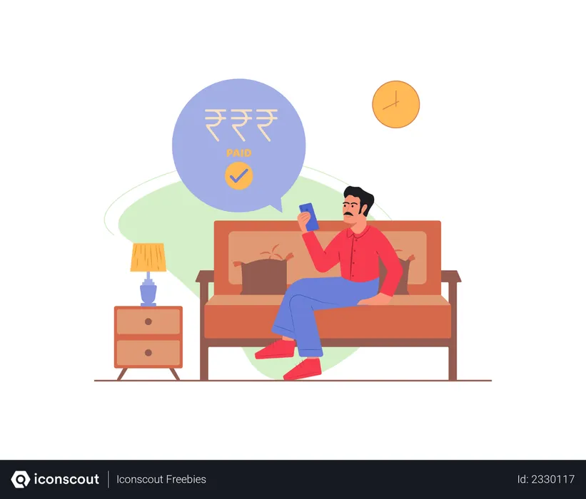 Free Man sitting on sofa paying his bills  Illustration
