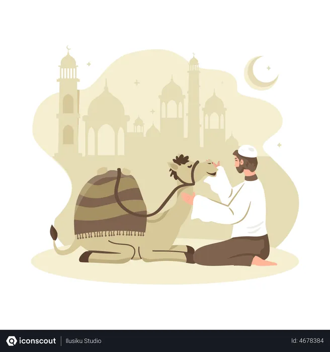 Free Muslim man sitting with camel  Illustration