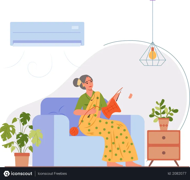 Free Old lady knitting sweater in home  Illustration