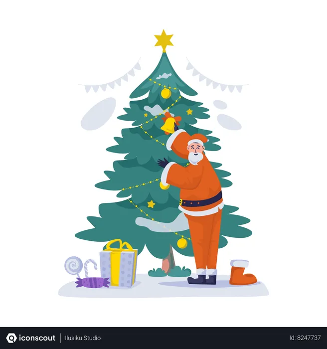 Free Le père Noël décore le sapin de Noël  Illustration