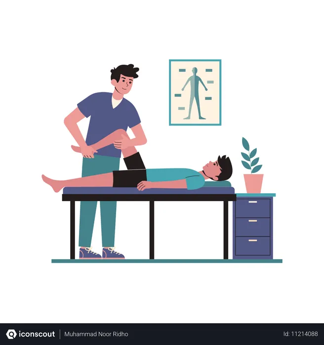 Free Physiotherapeut überprüft das Bein eines Patienten  Illustration