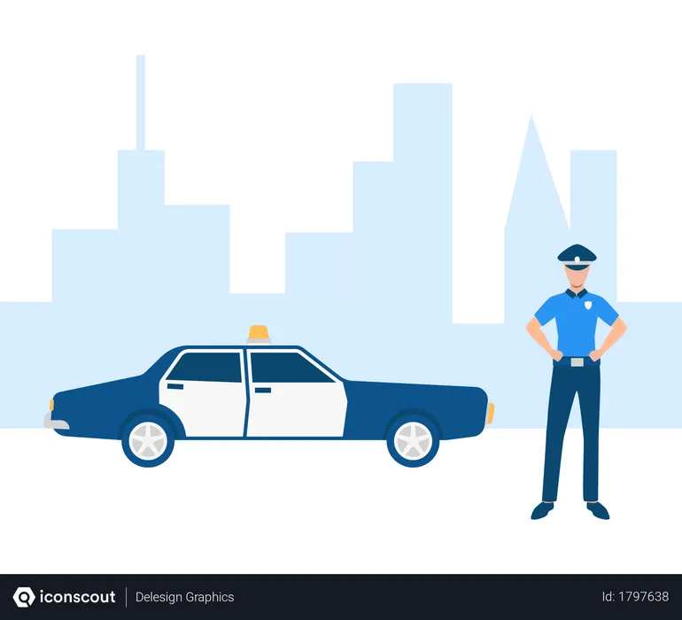 Free Police officer with police car in town  Illustration