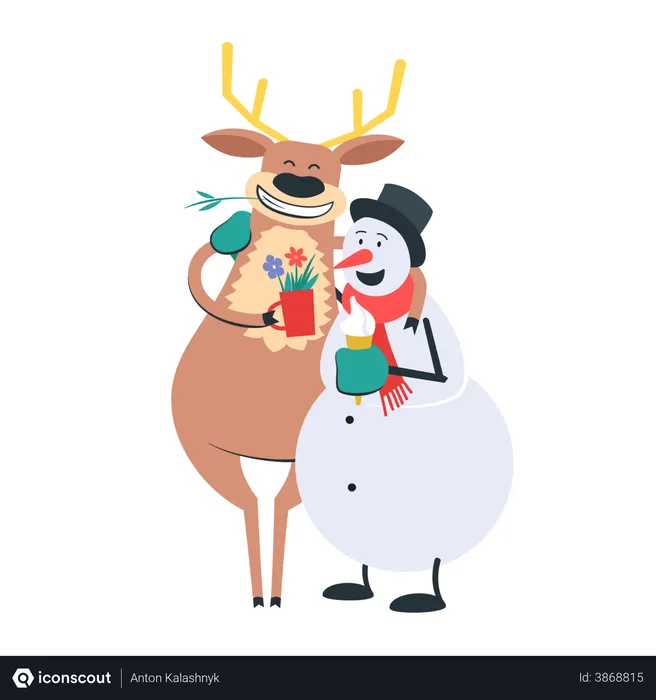 Free Reindeer and snowman celebrating Christmas  Illustration