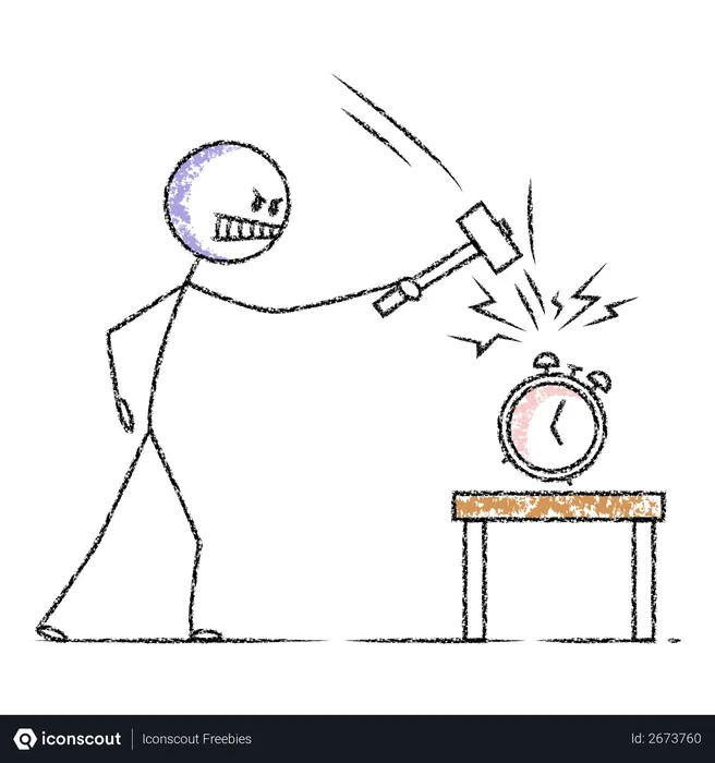 Free Stick Person breaking alarm clock with hammer  Illustration