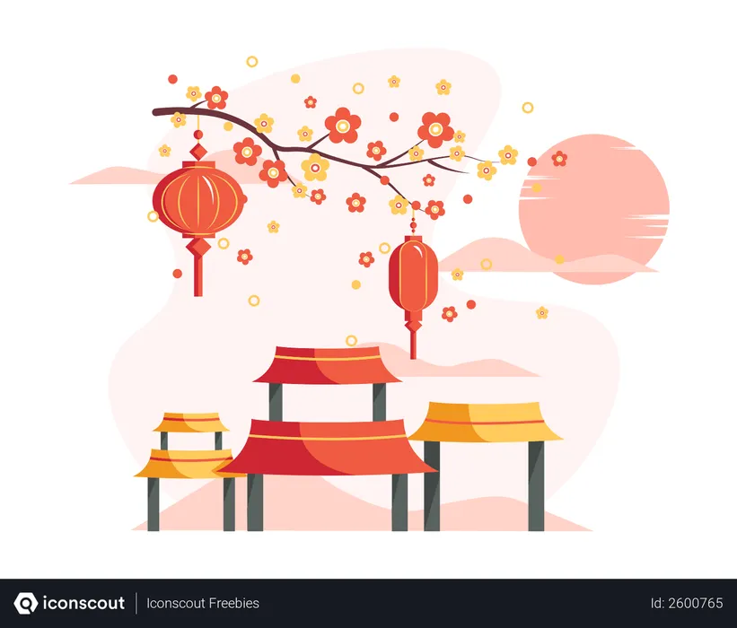 Free The entrance with roof in Chinese style which decorate and hanging lanterns on tree  Illustration