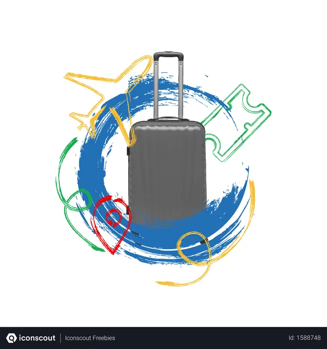 Free Travelling concept with luggage, flight ticket and holiday location  Illustration