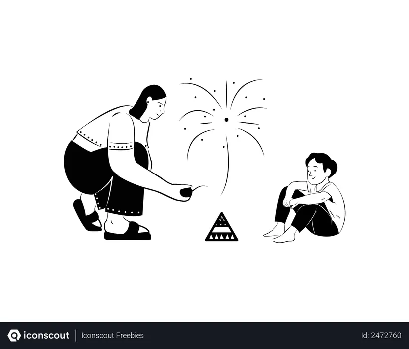 Free Woman and her son burning fire crackers  Illustration