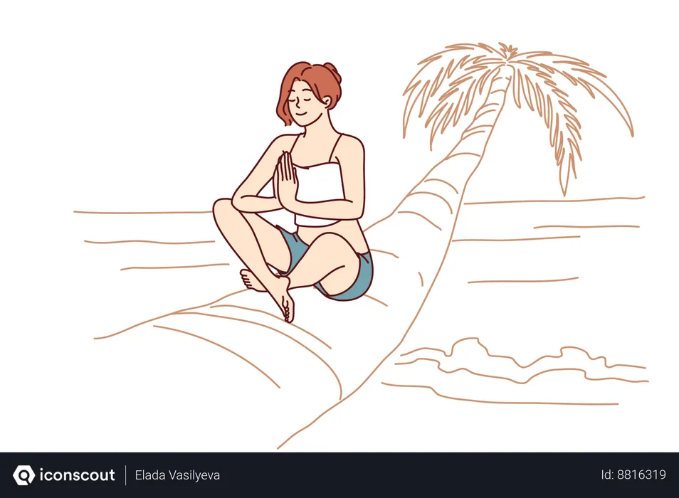 Free Woman doing yoga on palm tree  Illustration