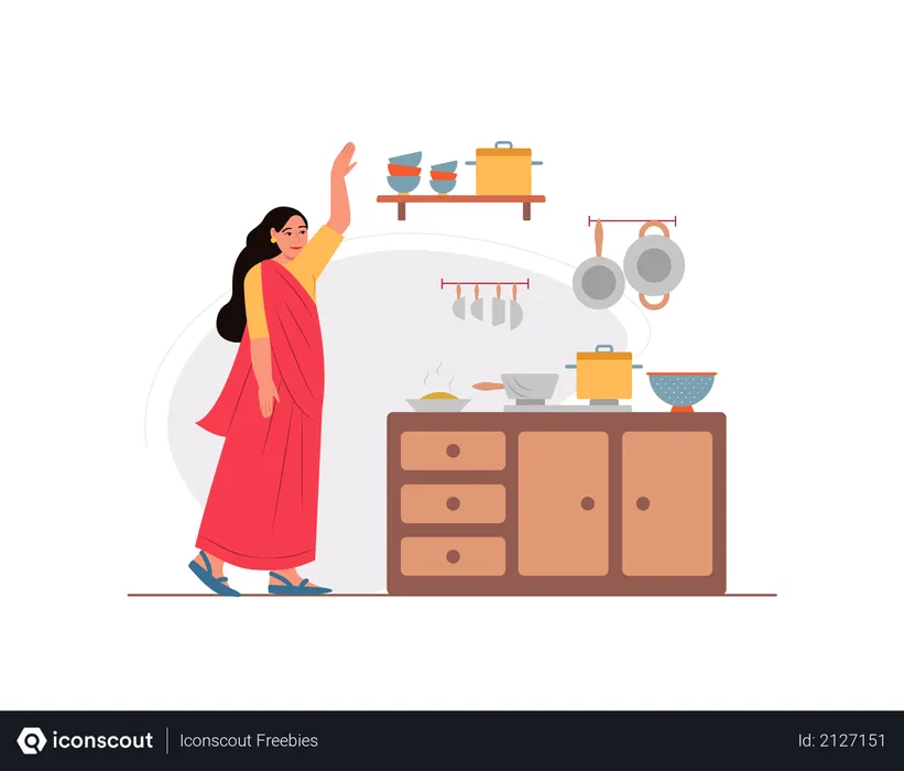 Free Woman picking out bowl in the kitchen  Illustration