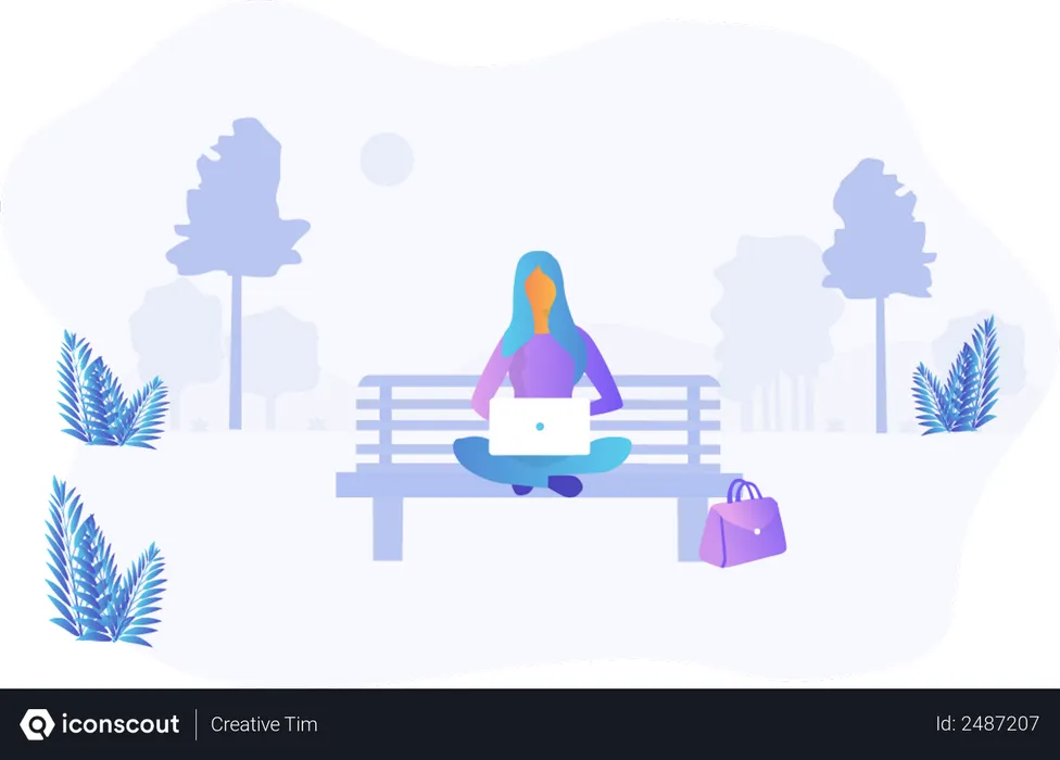 Free Woman working while seating on park bench  Illustration