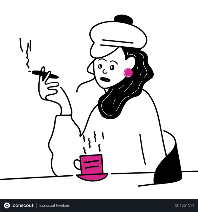 Free Young lady artist sitting and smoking while having coffee  Illustration
