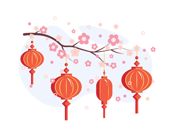 Chinese Lantern hanging on a tree branch of flowers Illustration