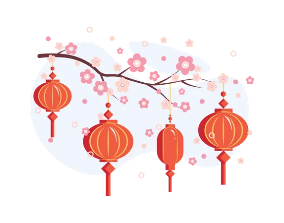Chinese Lantern hanging on a tree branch of flowers Illustration