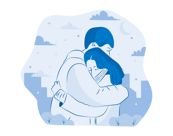 Couple Hugging in City Illustration