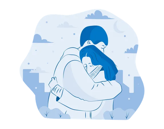 Couple Hugging in City Illustration