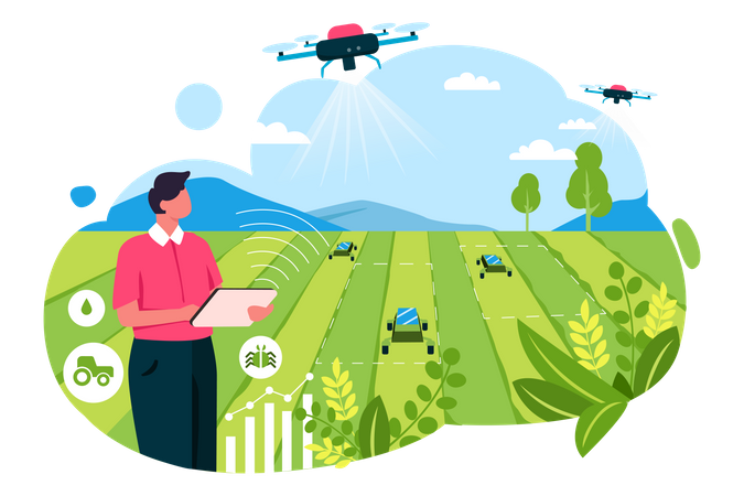 Farmer using automated watering copter Illustration
