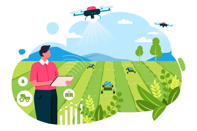 Farmer using automated watering copter Illustration