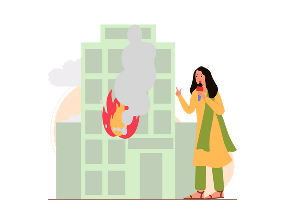 Female news reporter reporting fire incident Illustration