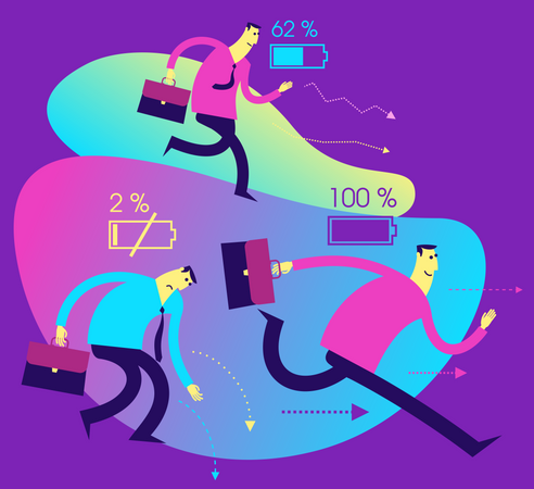 Flat Design Illustration For Presentation, Web, Landing Page: A Man Tired With A Dead Battery And Energetic With A Full Battery Illustration