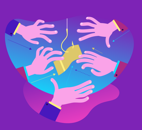 Flat Design Illustration For Presentation, Web, Landing Page: Hands Reach For Bait - Money On A Hook Illustration