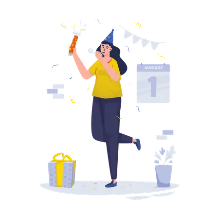 Free A Woman Blows A Small Whistle To Celebrate The New Years Party Vector Illustration Illustration