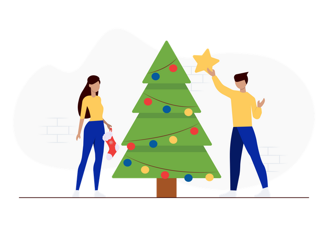 Free Amis décorant le sapin de Noël  Illustration