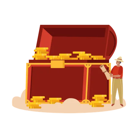 Free Flat Treasure Hunt Set With Ancient Chest With Gold Scroll Map Bottle Happy People With Shovel Isolated Against White Background Vector Illustration Illustration