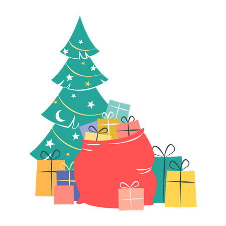 Free Árbol de navidad con regalos  Ilustración