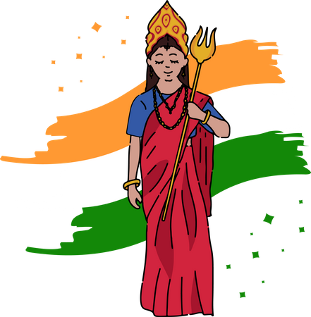 Free Bharat Mata tiene in mano Trishul sullo sfondo della bandiera nazionale indiana  Illustration