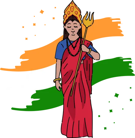 Free Bharat Mata tiene in mano Trishul sullo sfondo della bandiera nazionale indiana  Illustration