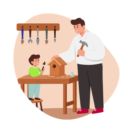 Free Boy building bird house with dad  Illustration