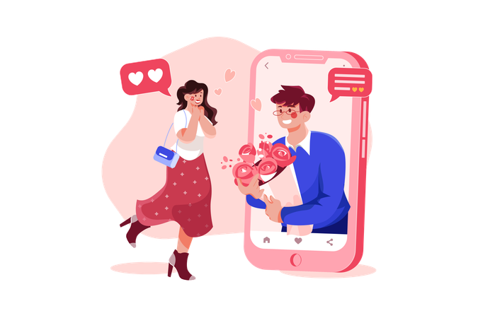 Free Boy gifting flower to girlfriend through an online dating app  Illustration