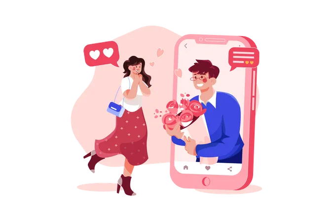 Free Boy gifting flower to girlfriend through an online dating app  Illustration