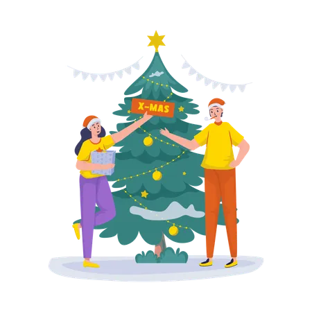 Free Casal decora árvore de natal  Ilustração