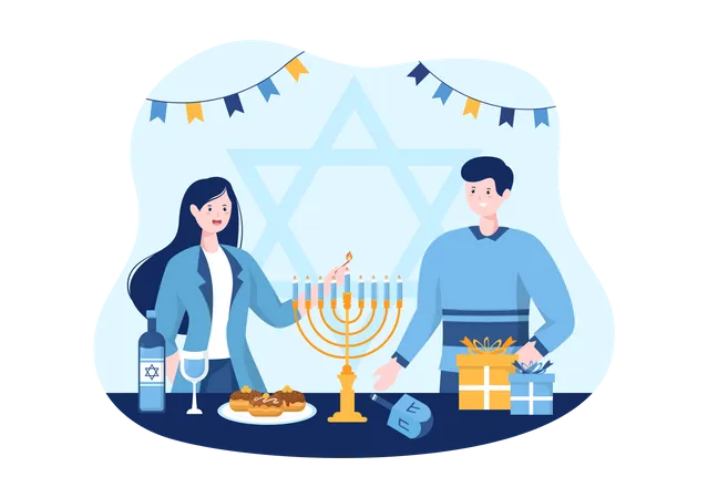 Free Casal judeu acendendo vela de hanukkah  Ilustração