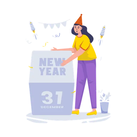 Free A Woman Turns A Box To Change Into The New Year Illustration Illustration
