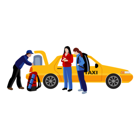 Free Chauffeur de taxi mettant les bagages du passager dans le coffre du taxi  Illustration