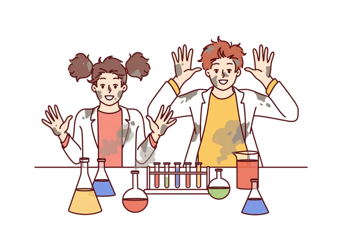Free Funny Children In Laboratory Raise Hands After Unexpected Reaction When Mixing Chemical Reagents That Caused Explosion Children Doing Science Experimenting In School Lab And Doing Research Illustration