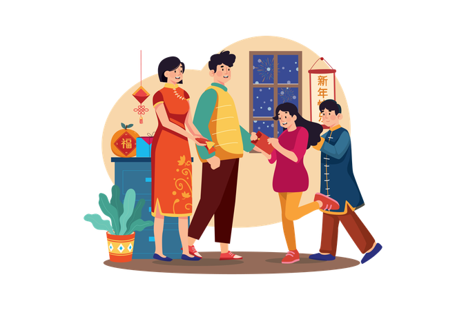 Free Chinese family reading letters  Illustration