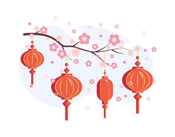 Free Chinese Lantern hanging on a tree branch of flowers  Illustration