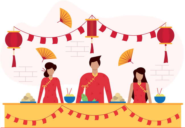 Free Chinese people selling traditional meal on food stall Illustration