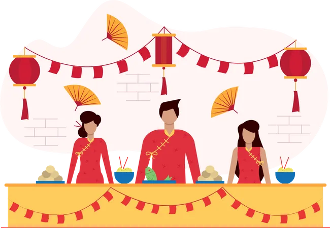 Free Chinese people selling traditional meal on food stall  Illustration