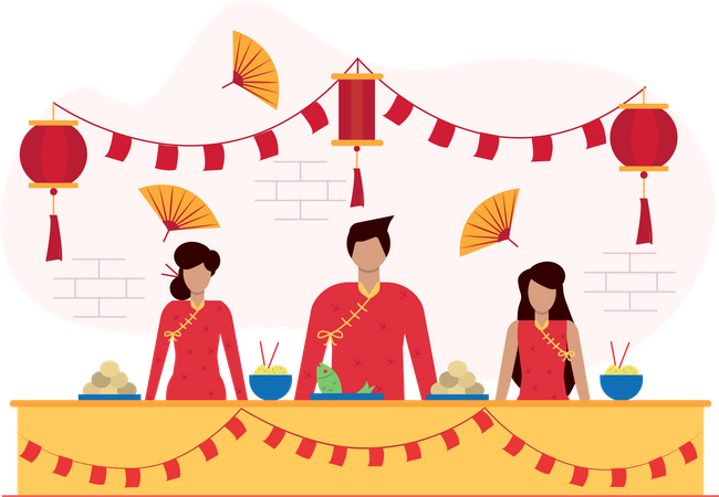Free Chinese people selling traditional meal on food stall  Illustration