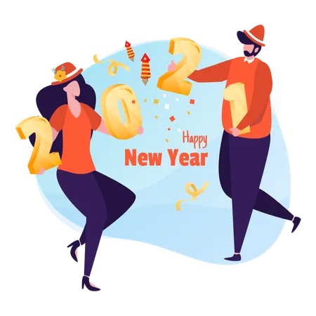Free Illustration Of Couple Celebrating New Year 2021 Party Illustration