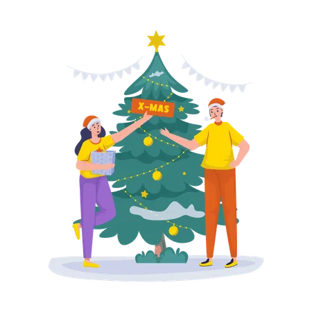 Free Happy Young Couple Decorate Christmas Tree Illustration Illustration