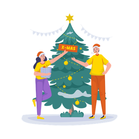 Free Couple decorate Christmas tree  Illustration